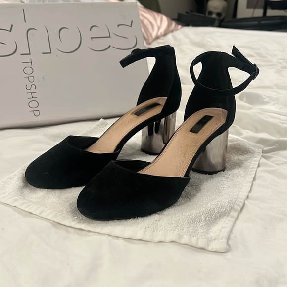 Topshop Shoes - Topshop posh mod Maryjane’s black suede with gunmetal silver round heel, comfy